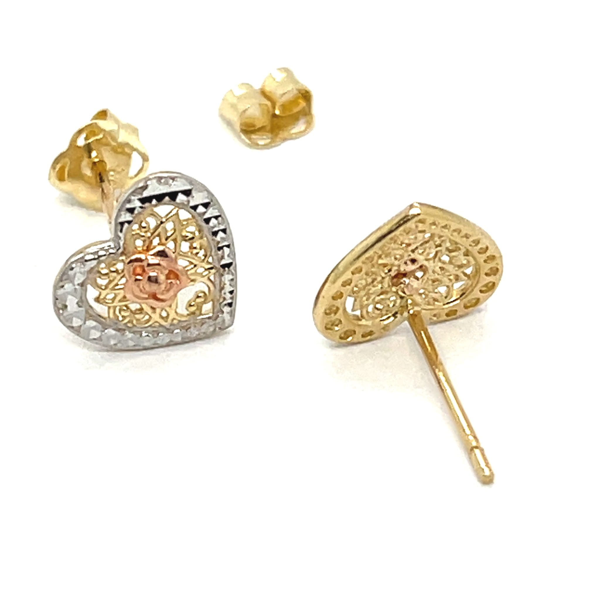 kolczyki serca złote, złote kolczyki z kwiatkiem, biżuteria motyw serca i kwiatu, kolczyki ażurowe serce 585, kwiat z różowego złota, romantyczna biżuteria złota, serce trójkolorowe