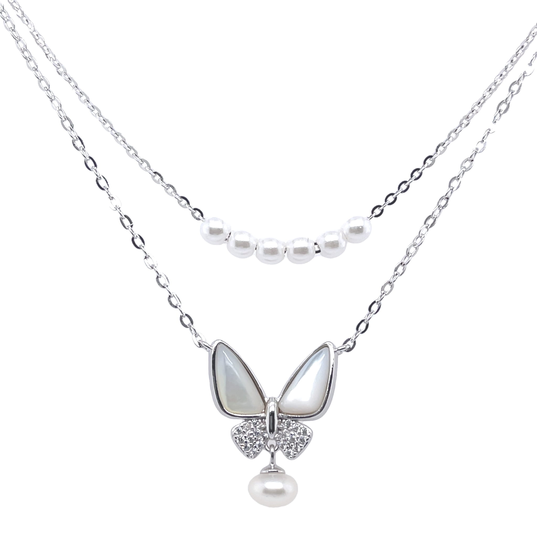 Naszyjnik z motylkiem perłami, masą perłową i białymi cyrkoniami w srebrze złoconym lub rodowanym do wyboru, srebrny naszyjnik 925 masa perłowa, biżuteria ślubna z perłami na plecach, luksusowy naszyjnik motyl 44 cm