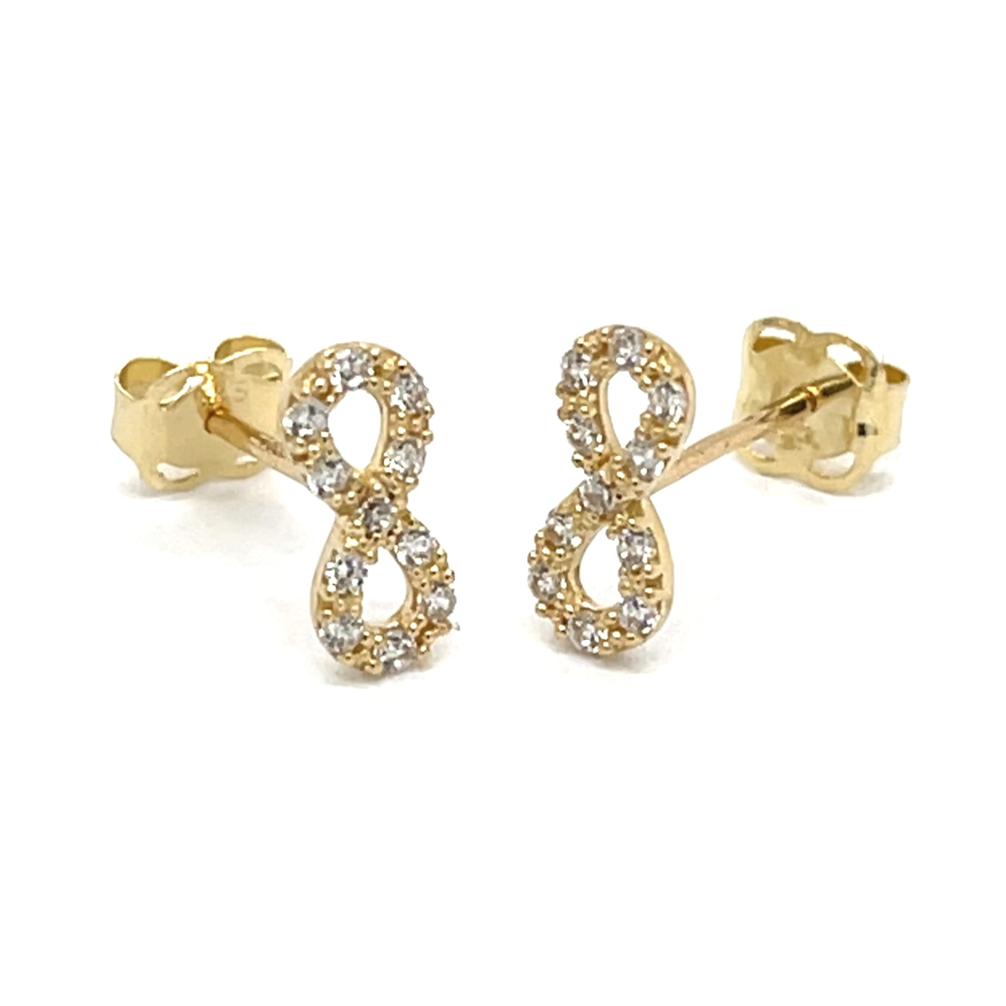 minimalistyczne złote kolczyki sztyfty infinity, biżuteria złota z cyrkoniami pavé, nowoczesny design kolczyki symbol, polerowane złoto 585 kolczyki sztyfty