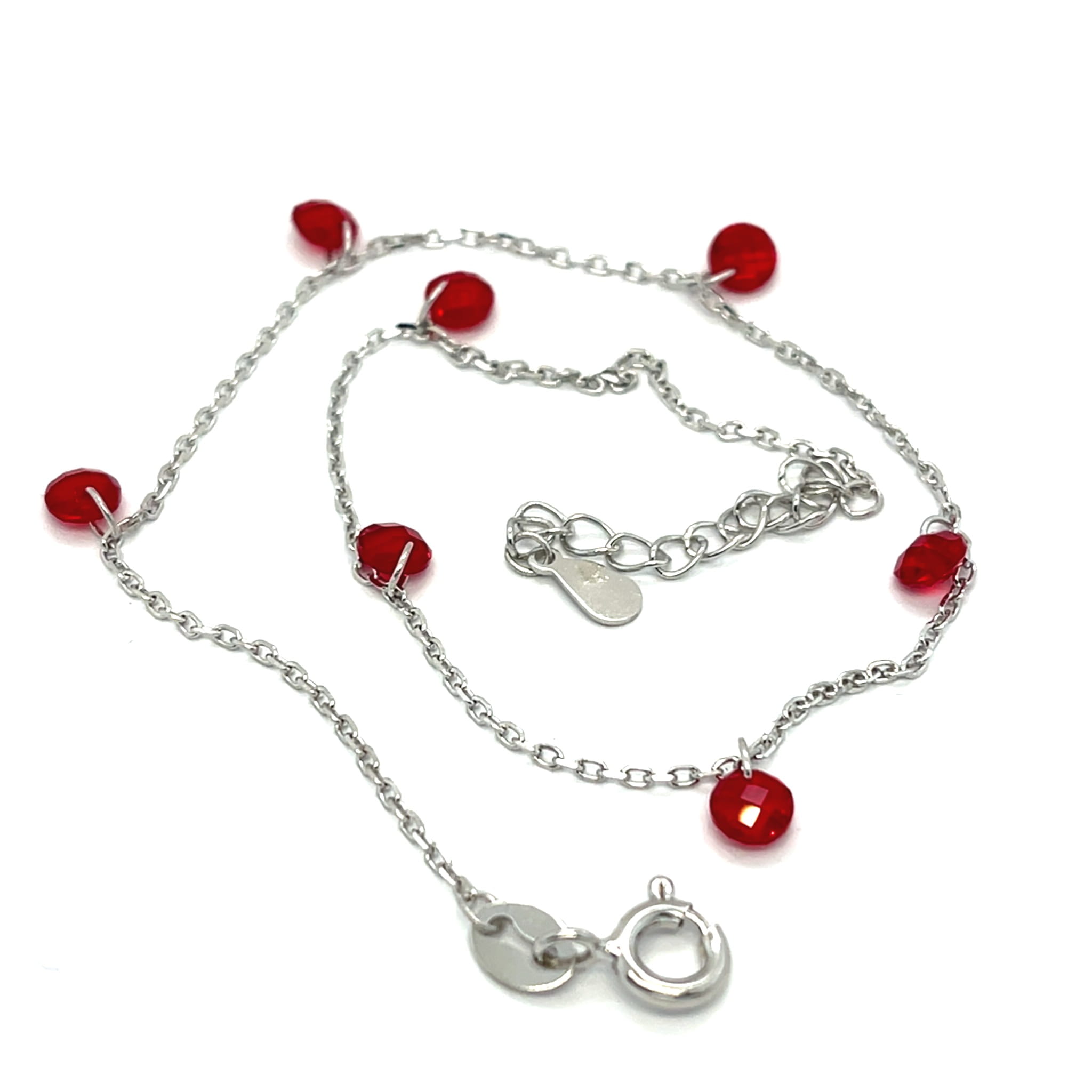 bransoletka srebrna 925 z czerwonymi kamieniami, biżuteria na prezent dla niej, bransoletka z płaskimi cyrkoniami, srebrna biżuteria 2026 trendy, bransoletka z przedłużką 3.5 cm, czerwona biżuteria sklep online