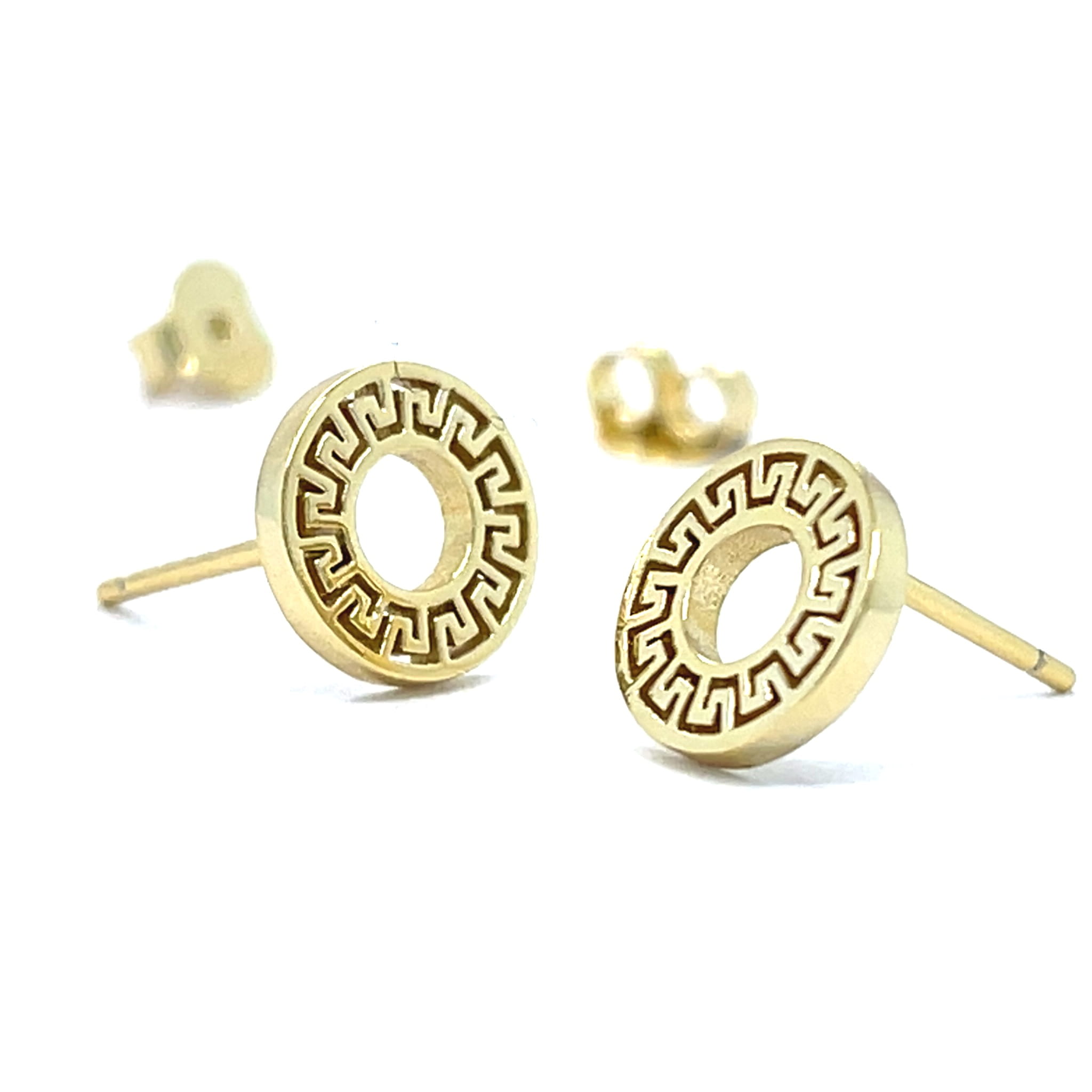 Pozłacane kolczyki srebrne z greckim wzorem na sztyfcie.