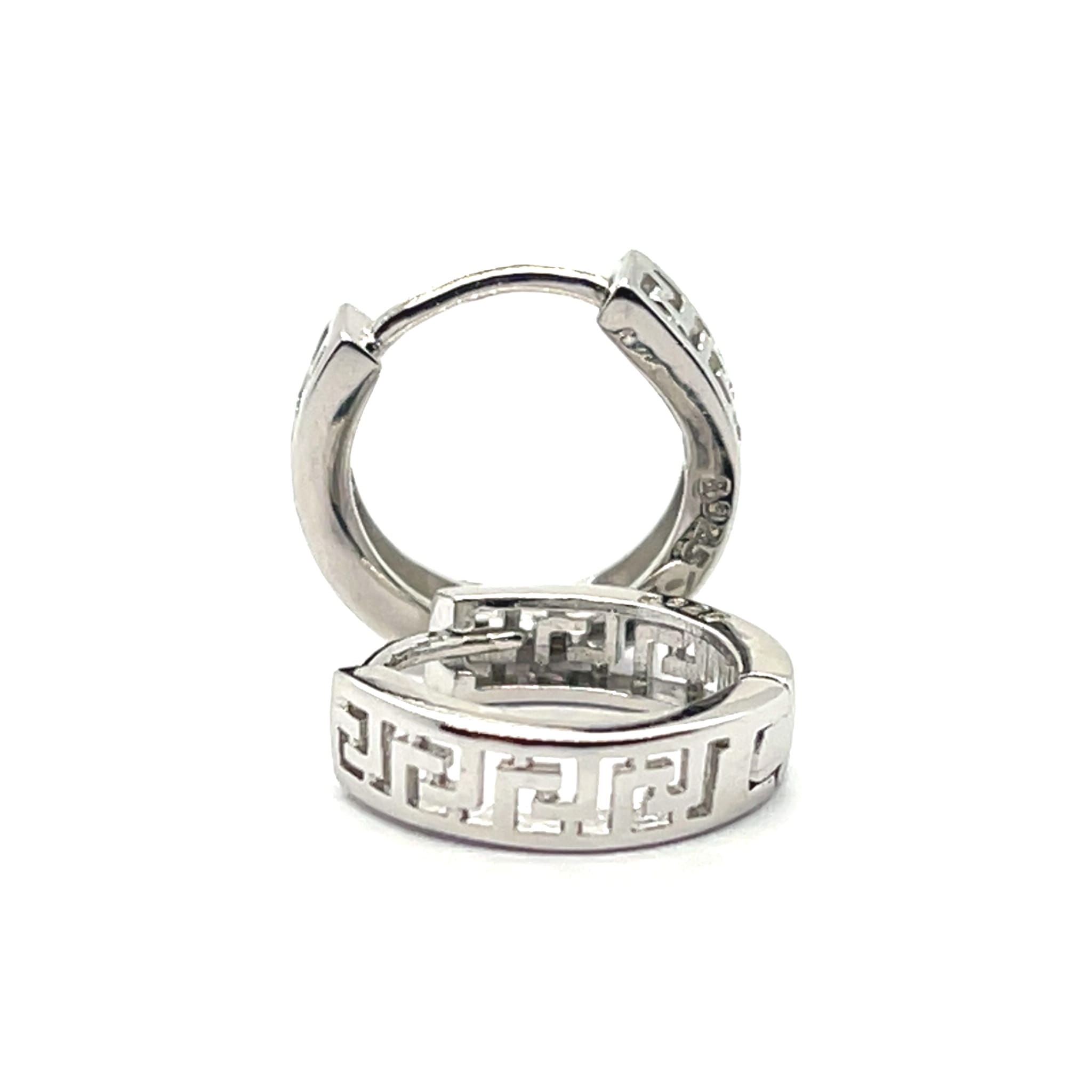 Kolczyki ze srebra, wzór grecka droga, meandry, srebro pokrywane warstwą rodu,