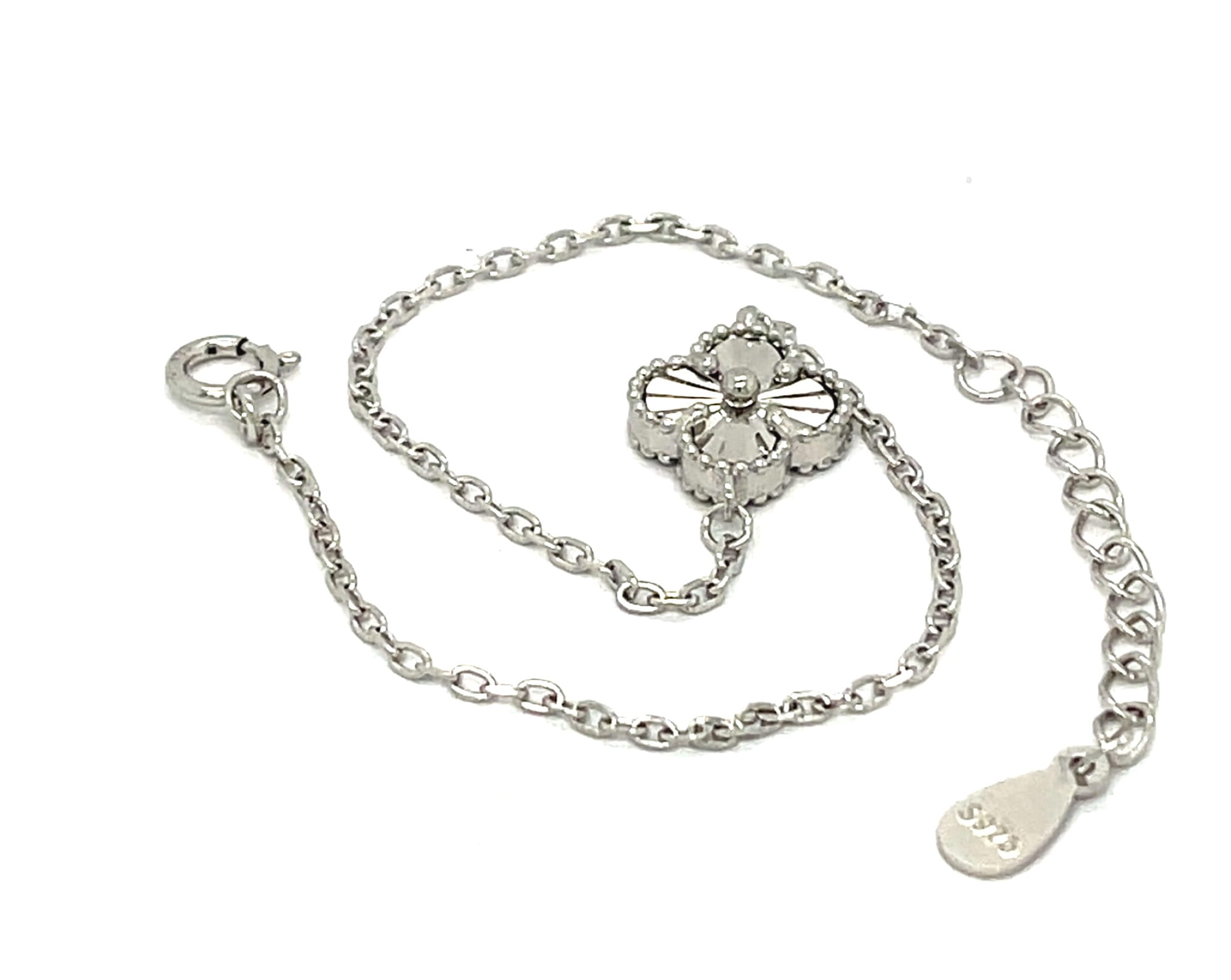 Srebrna ozdoba na rękę z pojedynczą marokańską koniczyną, regulacja długości, rodowanie, 925