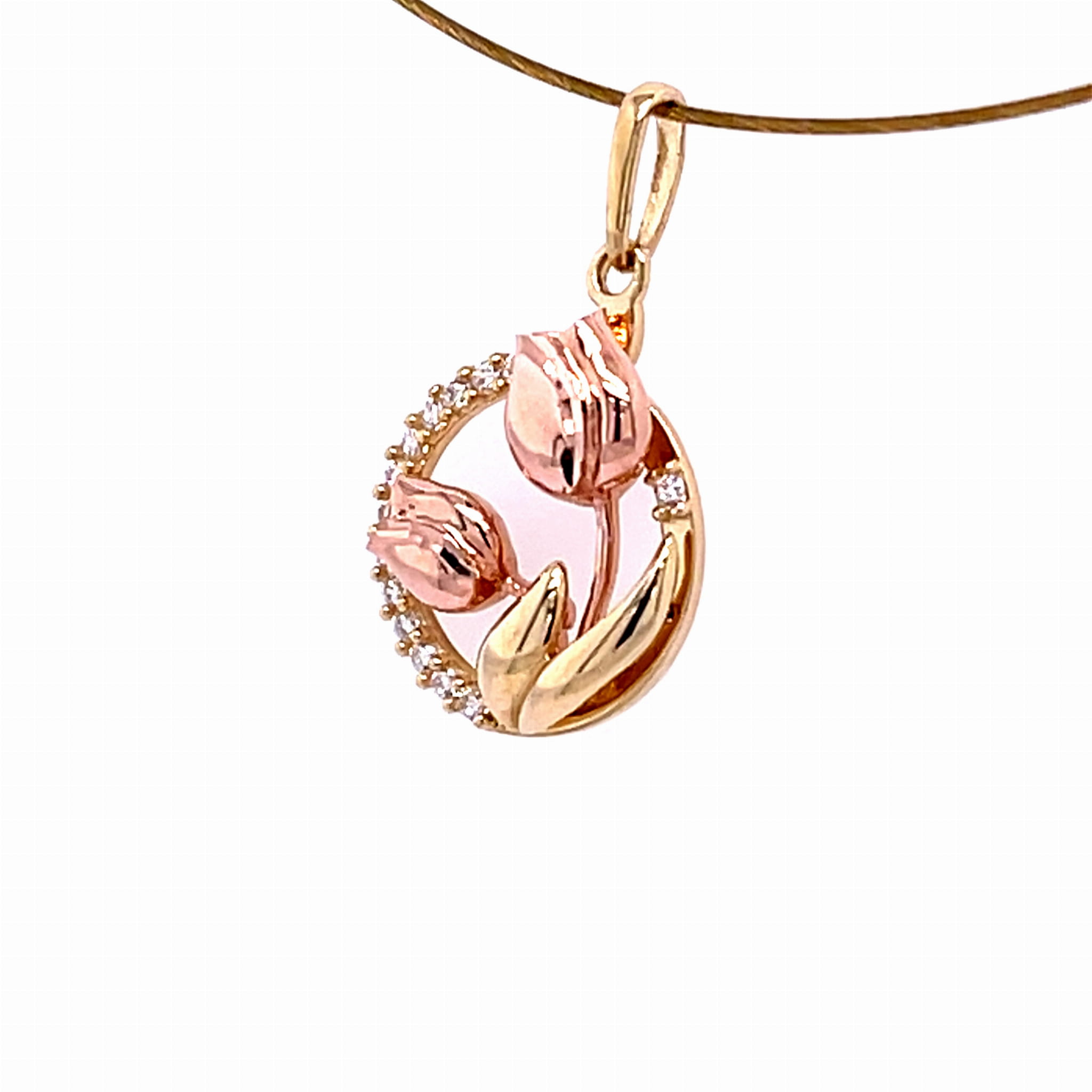 Oryginalna zawieszka z kwiatami zdobiona białymi cyrkoniami, złoto bikolor 14K,biżuteria symbolizująca wiosnę, elegancka zawieszka na co dzień, biżuteria z przesłaniem