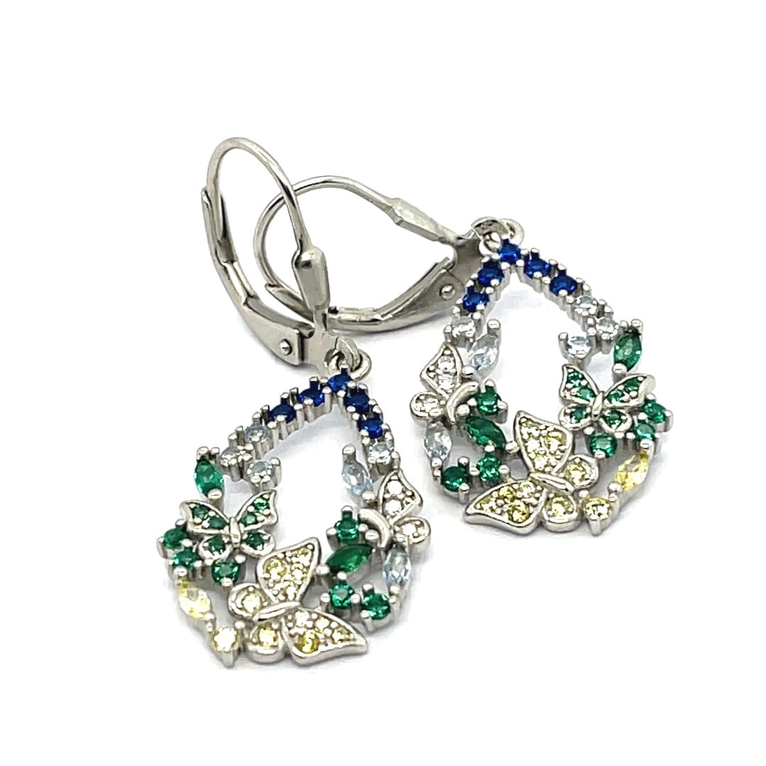 Srebrne kolczyki na biglu z kompozycją z barwnych cyrkonii