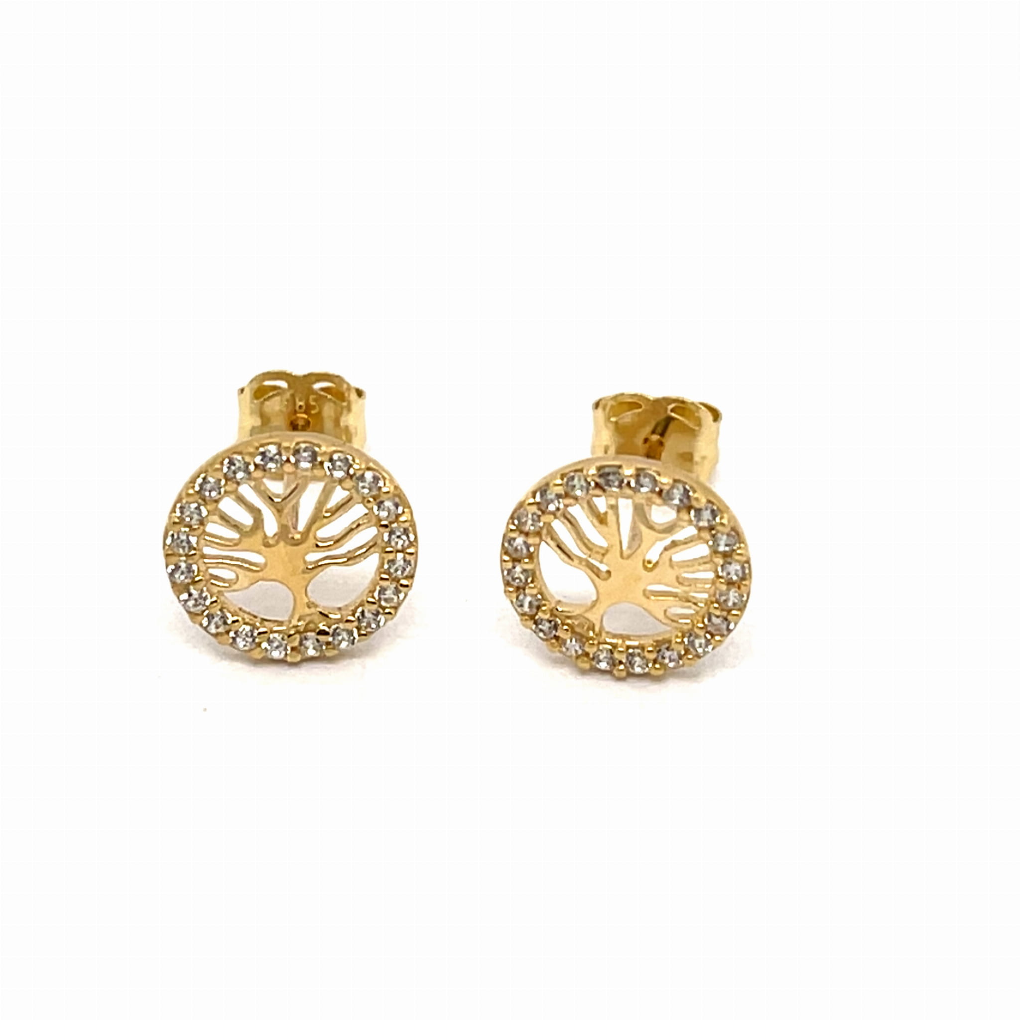 ażurowe złote kolczyki z drzewkiem, biżuteria złota z cyrkoniami dookoła, nowoczesny design kolczyki okrągłe złoto, polerowane złoto 585 kolczyki sztyfty