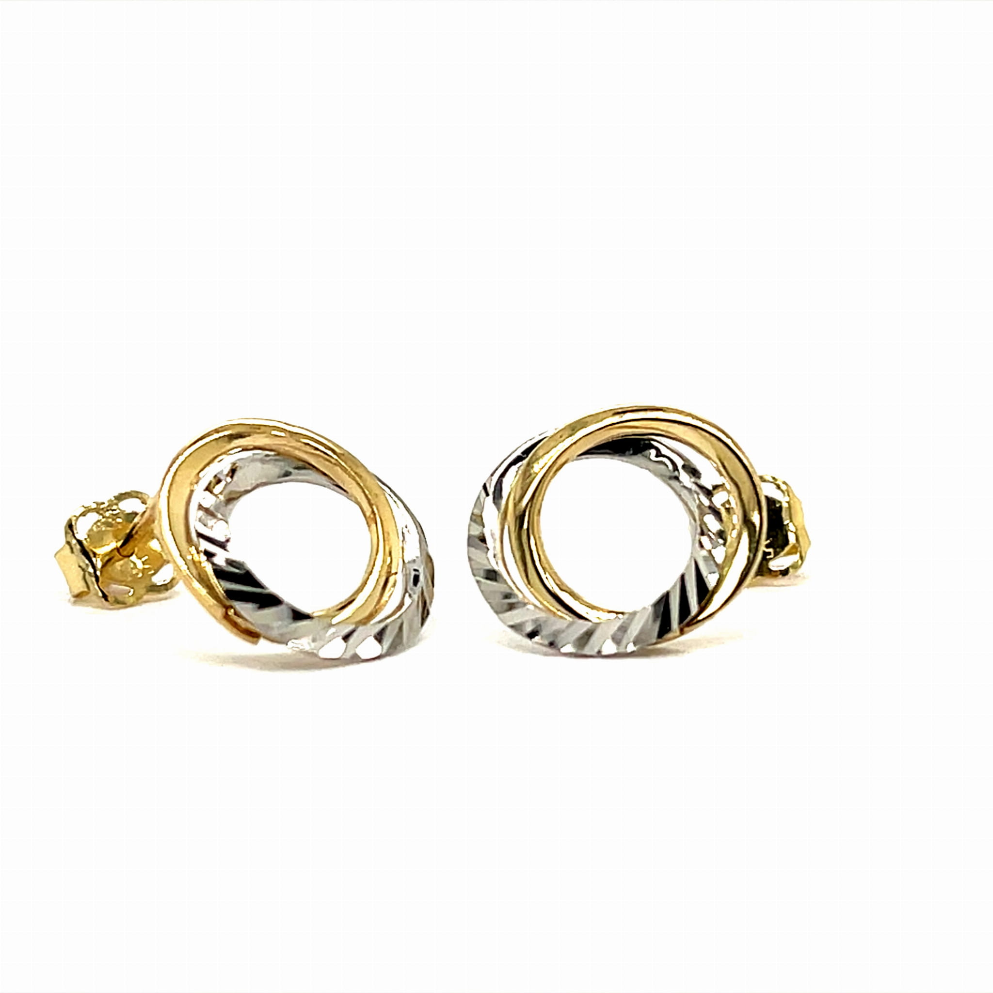 przeplatane kółka kolczyki złoto 585, biżuteria złota białe i żółte kółka, nowoczesny design kolczyki okrągłe złoto, polerowane złoto 585 kolczyki sztyfty