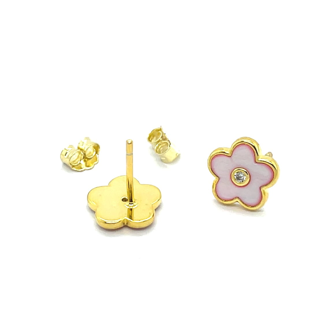 Kolczyki kwiatki z różową masą perłową, cyrkoniami w srebrze złoconym